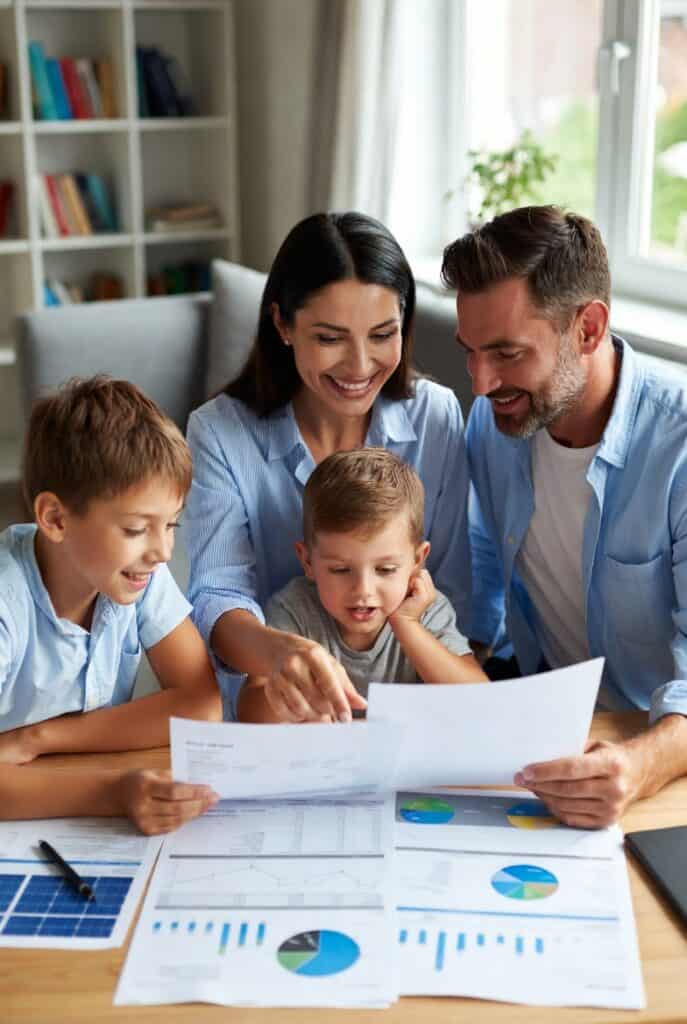 happy family looking at electricity bill happy family looking at electricity bill